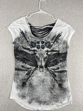 Women's White Graphic Short-Sleeve Top with Distressed Skull Printing